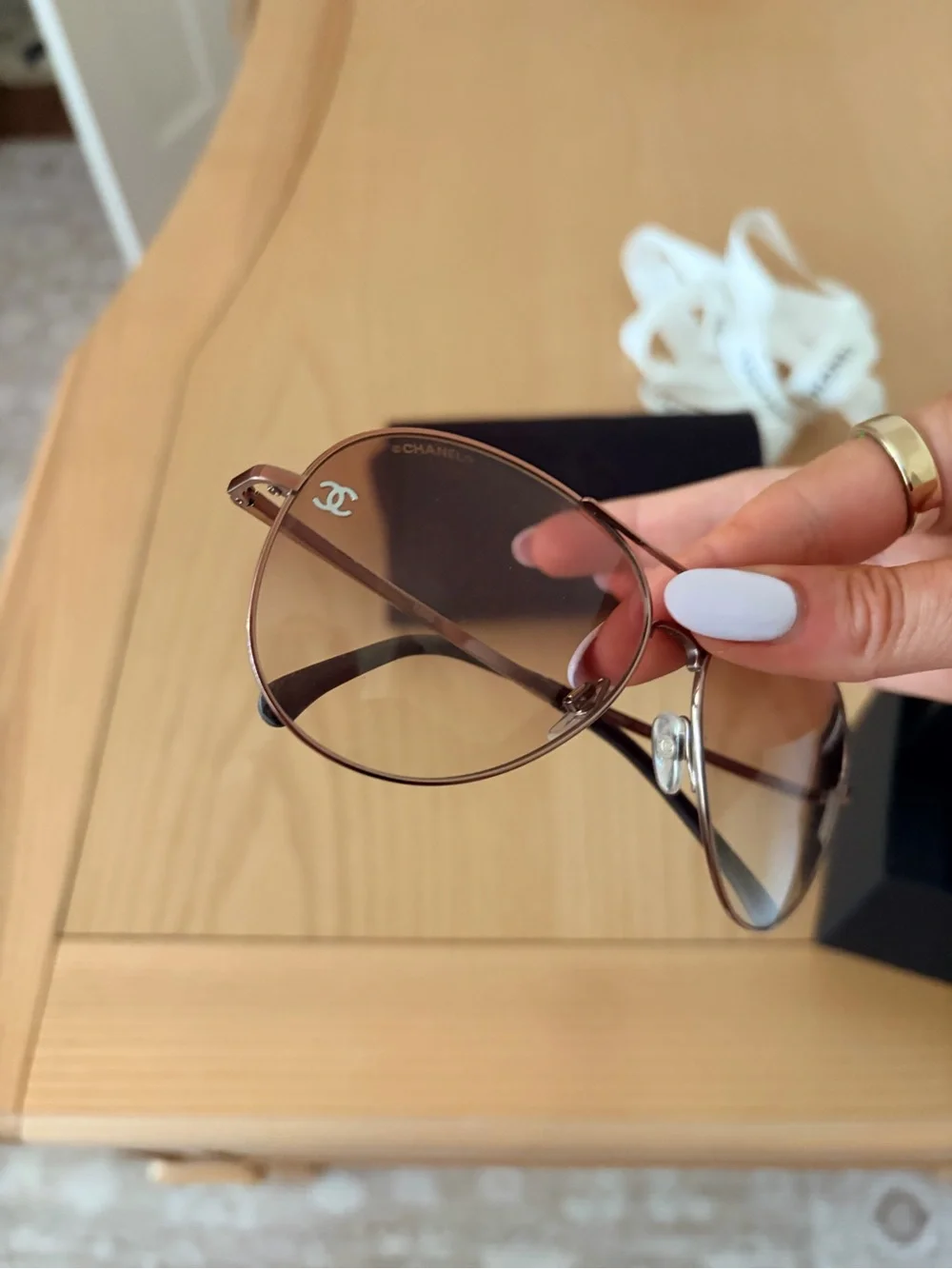 CHANEL Pink Gold Aviator Sunglasses with Beige Gradient Lenses
